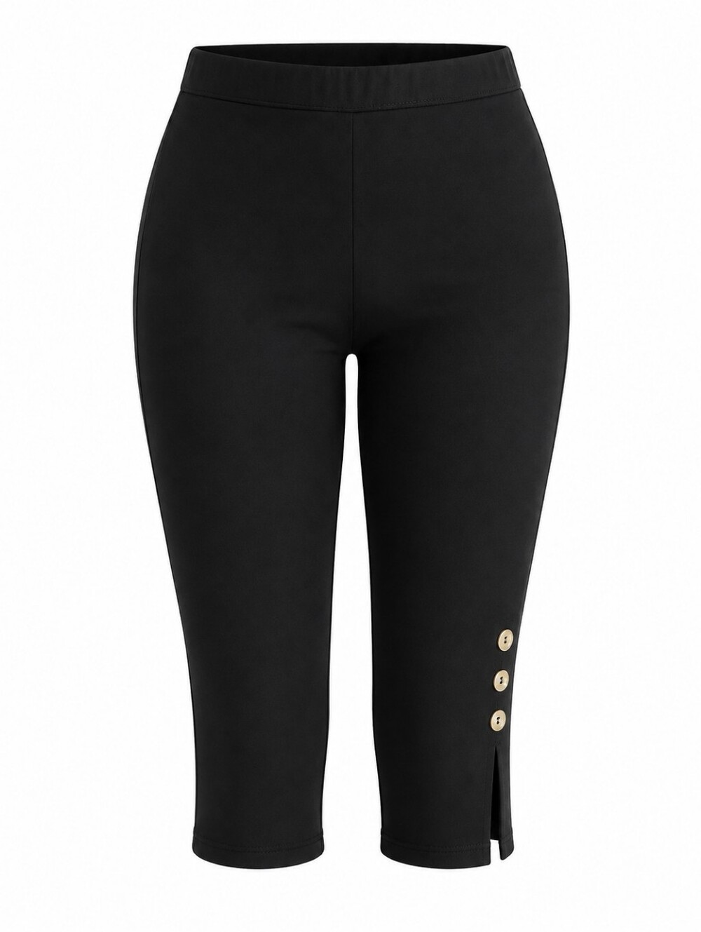 High-Rise Black Crop Leggings with Side Button Detail